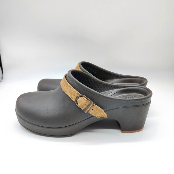Crocs Sarah Clogs Mules Shoes 8 Brown Block Heel Strap Comfort Slip On Fall - Picture 3 of 6